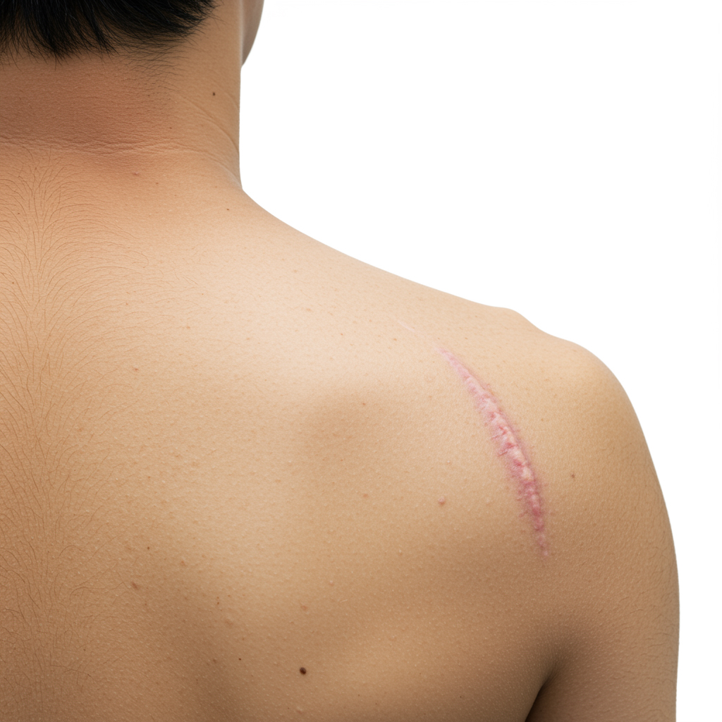 Et nærbillede af en persons øverste del af ryggen og skulderen med et tydeligt hævet, lyserødt ar, der løber diagonalt over huden, fotograferet mod en almindelig hvid baggrund til forsikringsfotos.