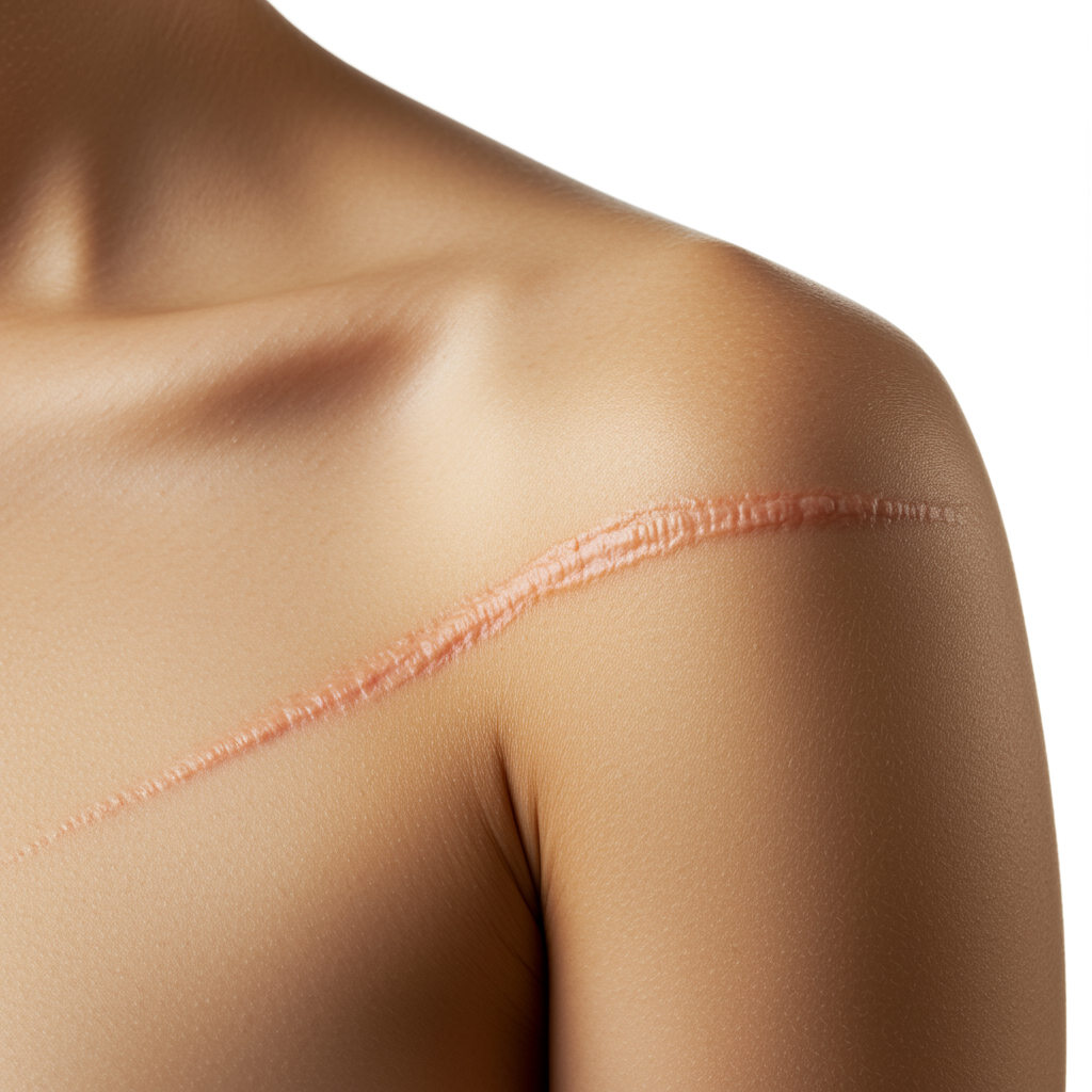 Et nærbillede af en persons bare skulder med et fremtrædende, helet ar, der løber diagonalt hen over huden, på en almindelig hvid baggrund, velegnet til brug som forsikringsbilleder.